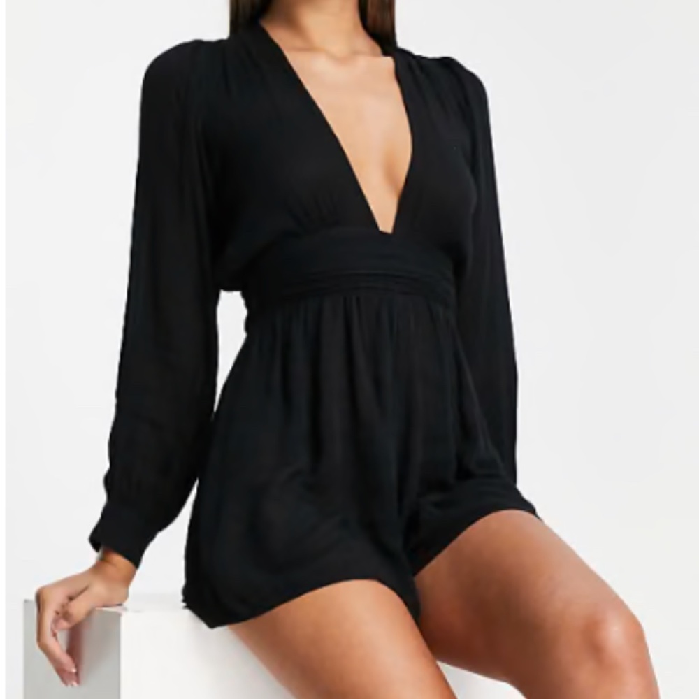 ASOS DESIGN long sleeve plunge beach romper in black